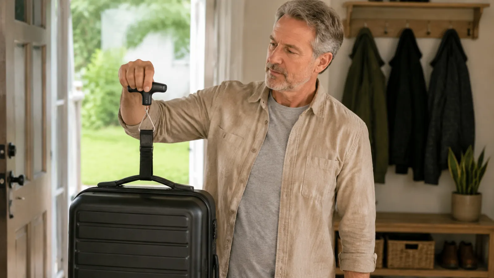 A woman in her fifties holding a suitcase by its top handle strap while a digital luggage scale hooked to the strap shows a reading