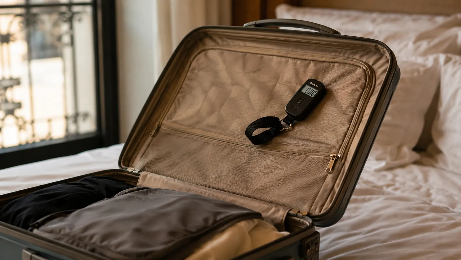 A suitcase lying open on a bed beside a small digital luggage scale, warm light through a window