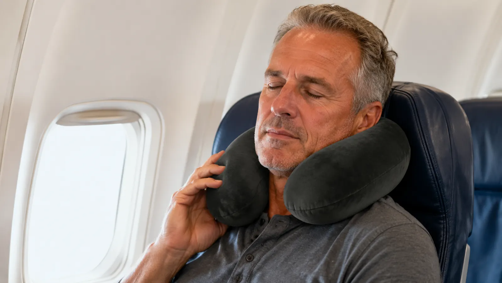 A traveler in an airplane seat with a memory foam neck pillow around her neck, adjusting it into place
