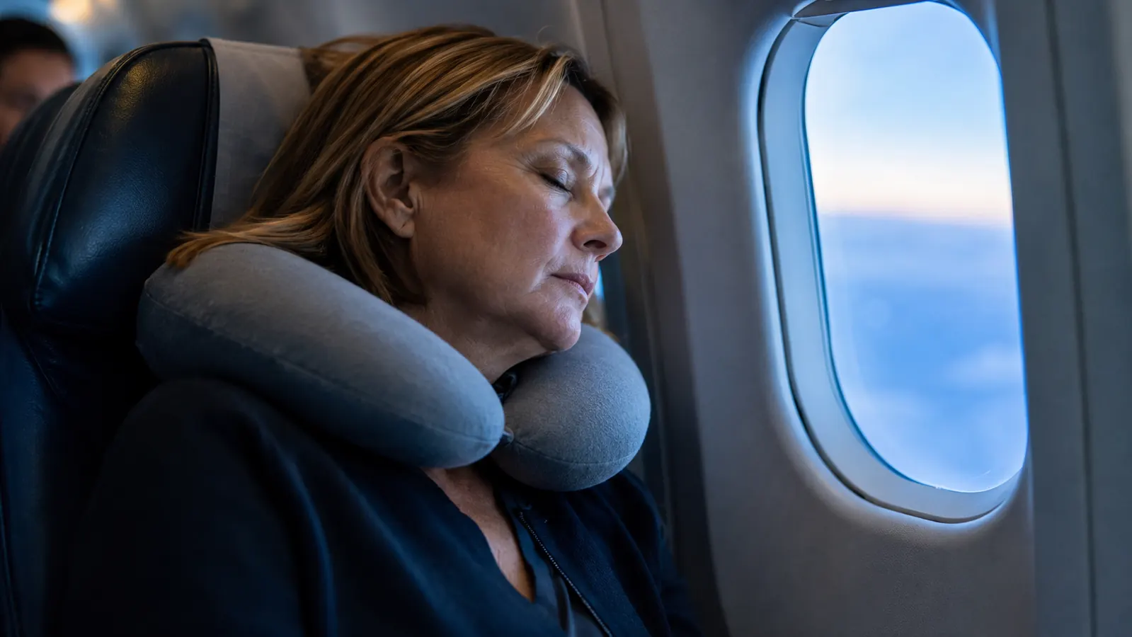 A woman in her fifties sleeping against an airplane window with a memory foam travel neck pillow supporting her head