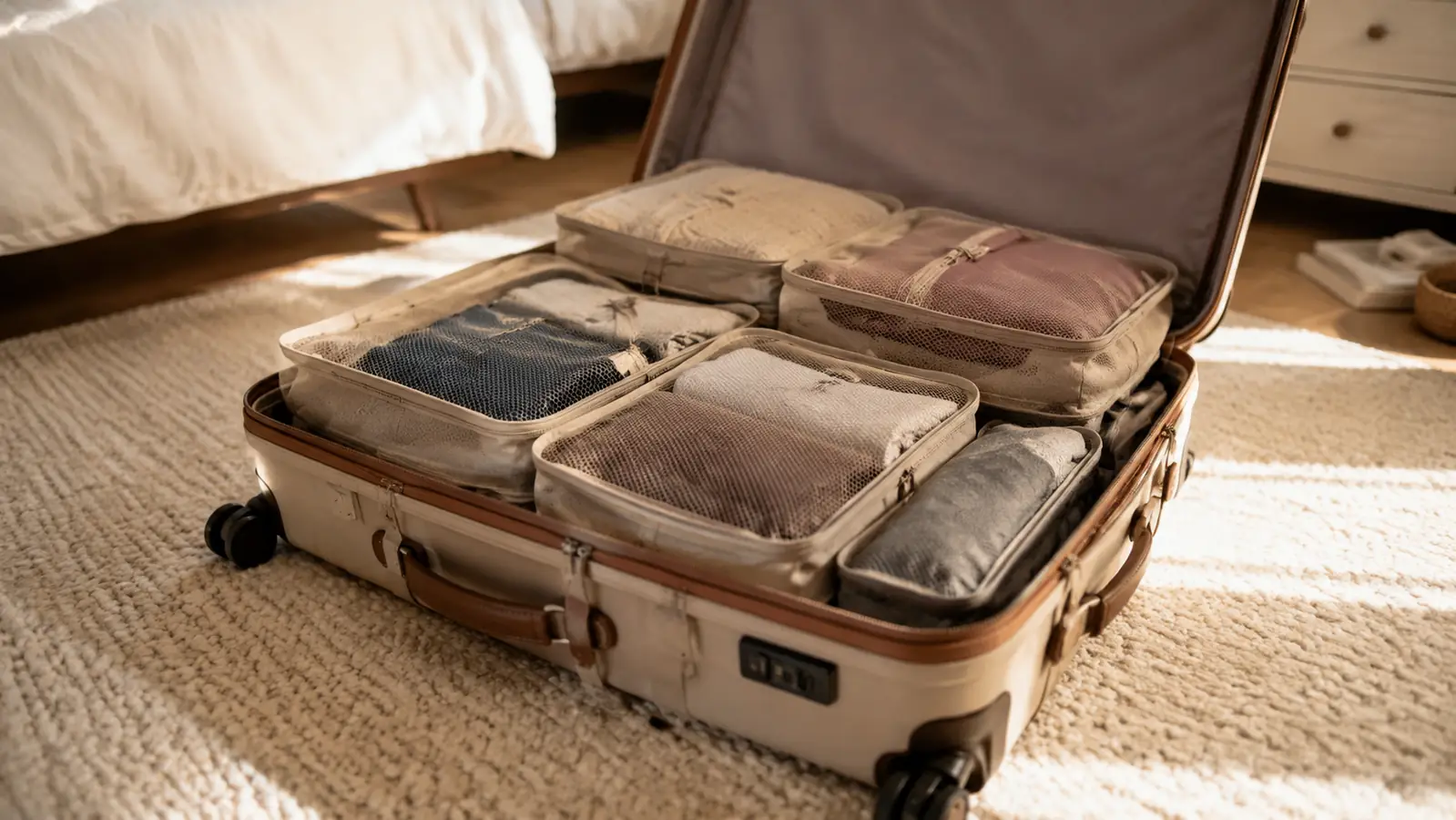 Open suitcase with several rectangular packing cubes stacked neatly inside, soft morning light
