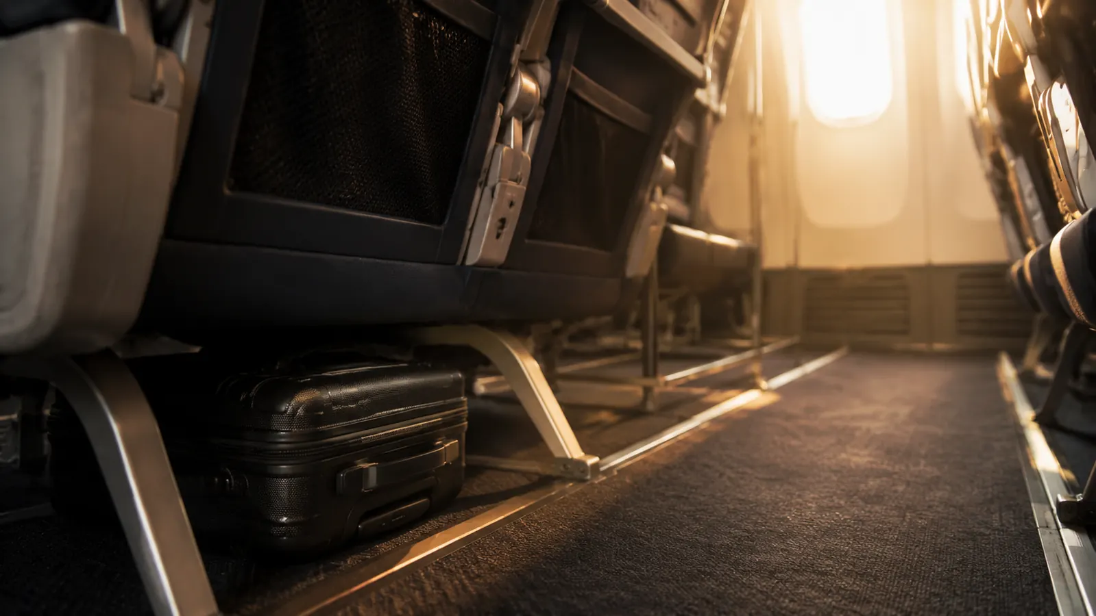 A carry-on bag sliding under the seat in front, soft morning light through a small airplane window
