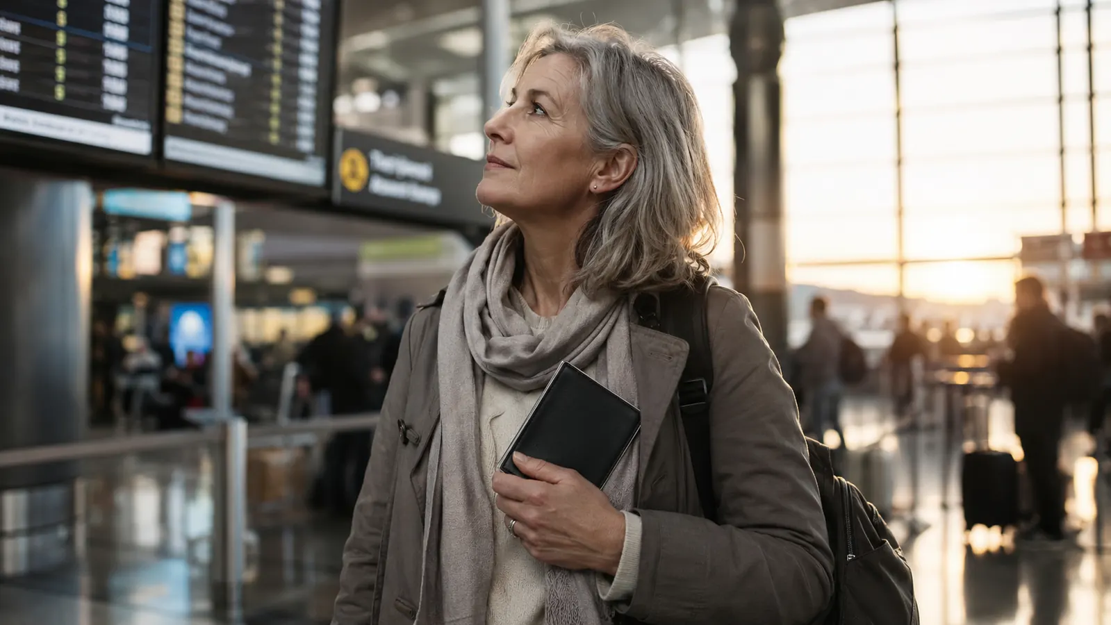 A woman in her fifties at an airport departures board, one hand closed over a small wallet close to her chest, soft early morning window light