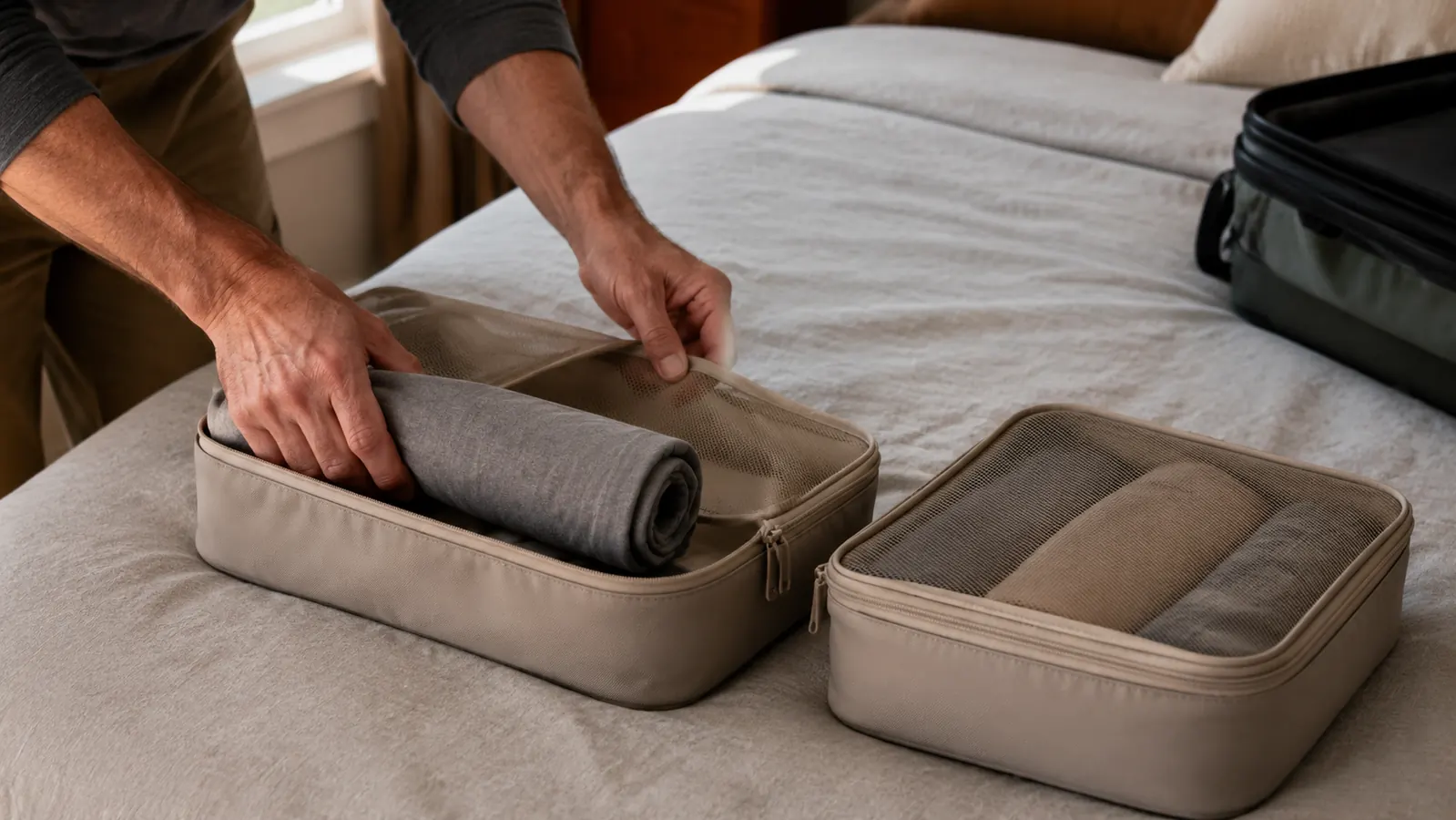 Two hands rolling a folded shirt and lowering it into an open organizer cube resting on a bed