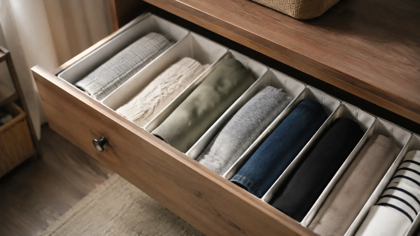 An open dresser drawer with organizers lined up in a neat row, each holding a separate rolled batch of clothing