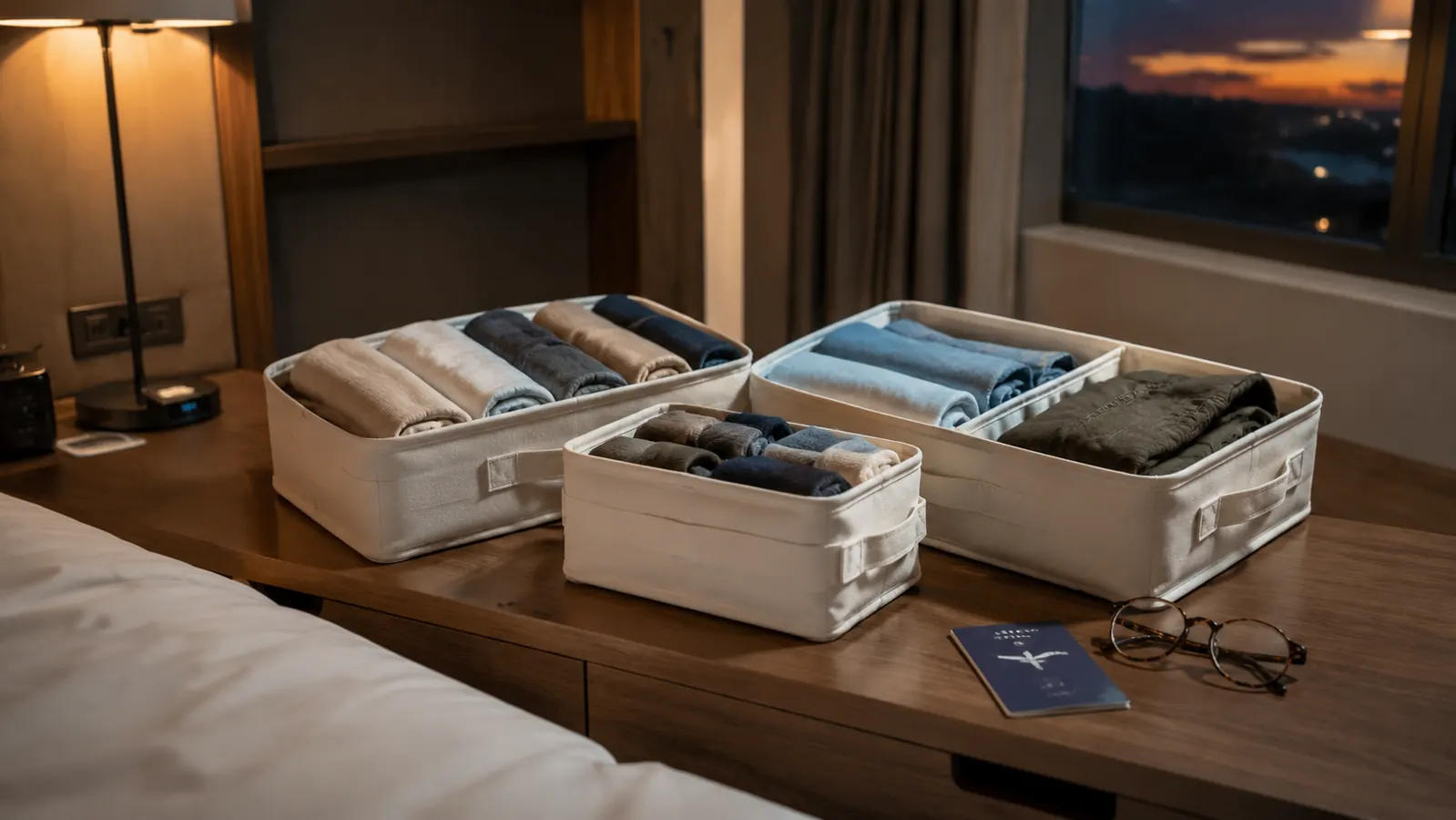 A tidy hotel room with organizers holding rolled clothing on a wooden dresser and a travel card set beside them