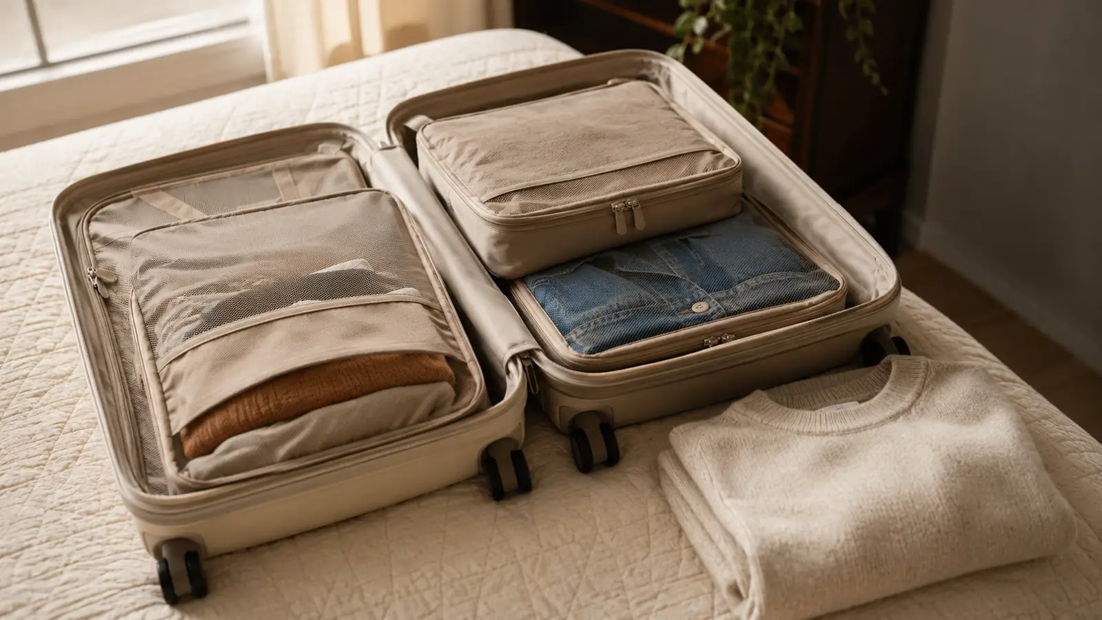 An open suitcase laid flat on a bedspread with packing cubes stacked into two of its compartments
