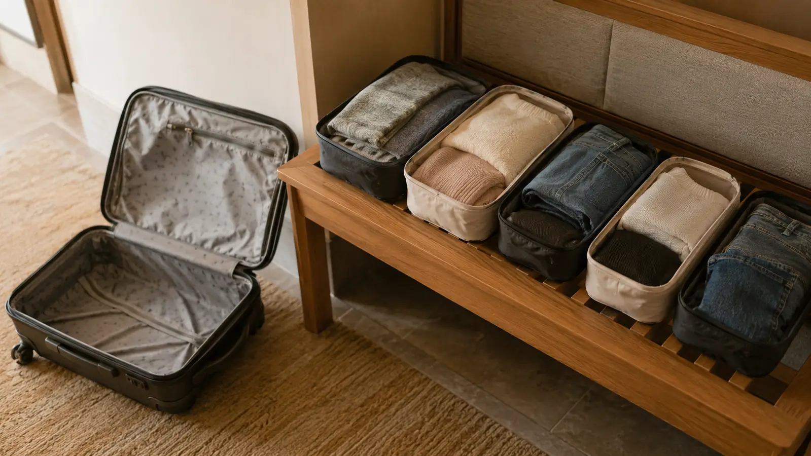 a carry-on bag standing open beside a hotel bench, packing cubes fanned in a row on the bench like small drawers