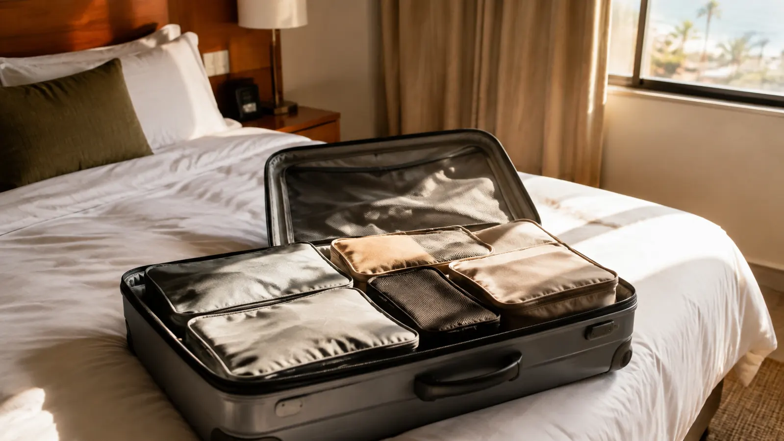 an open carry-on suitcase on a bright hotel bed with several rectangular packing cubes stacked neatly, soft morning window light