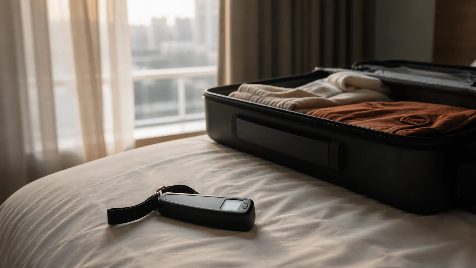 A small handheld digital luggage scale resting on a hotel bed beside a partially packed suitcase, warm afternoon light from a window, no text visible on the scale's screen