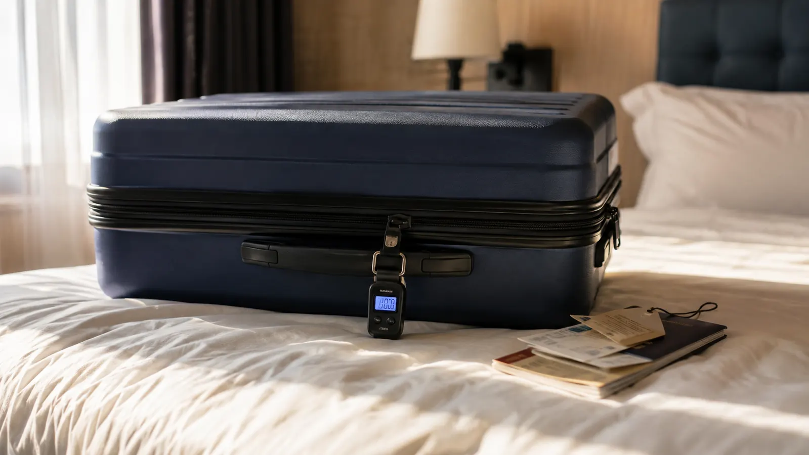 A small handheld digital luggage scale clipped to the handle of an open suitcase on a hotel bed, morning light through the window