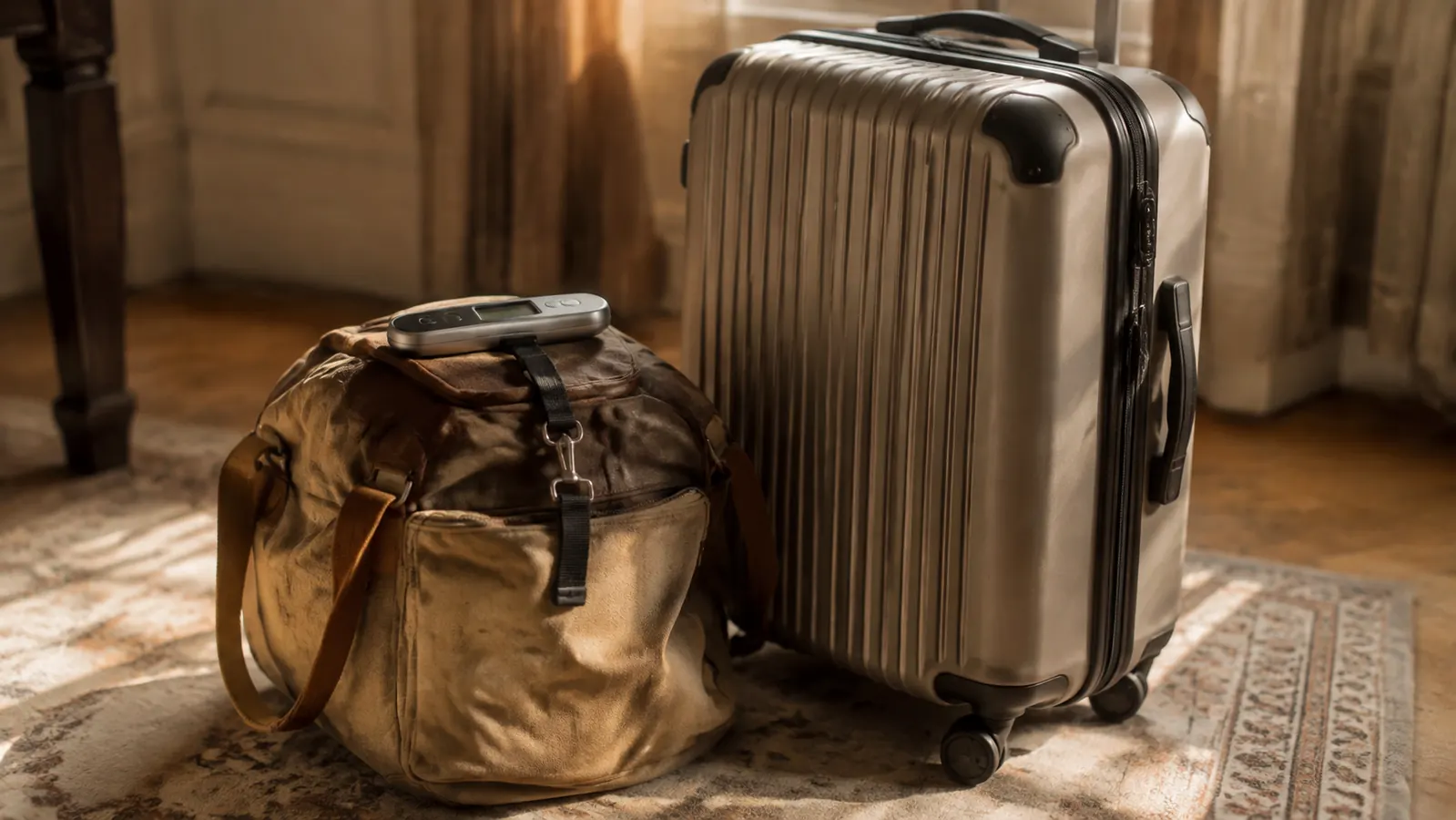 A suitcase standing on end beside a travel bag while a small luggage scale rests on top, warm light