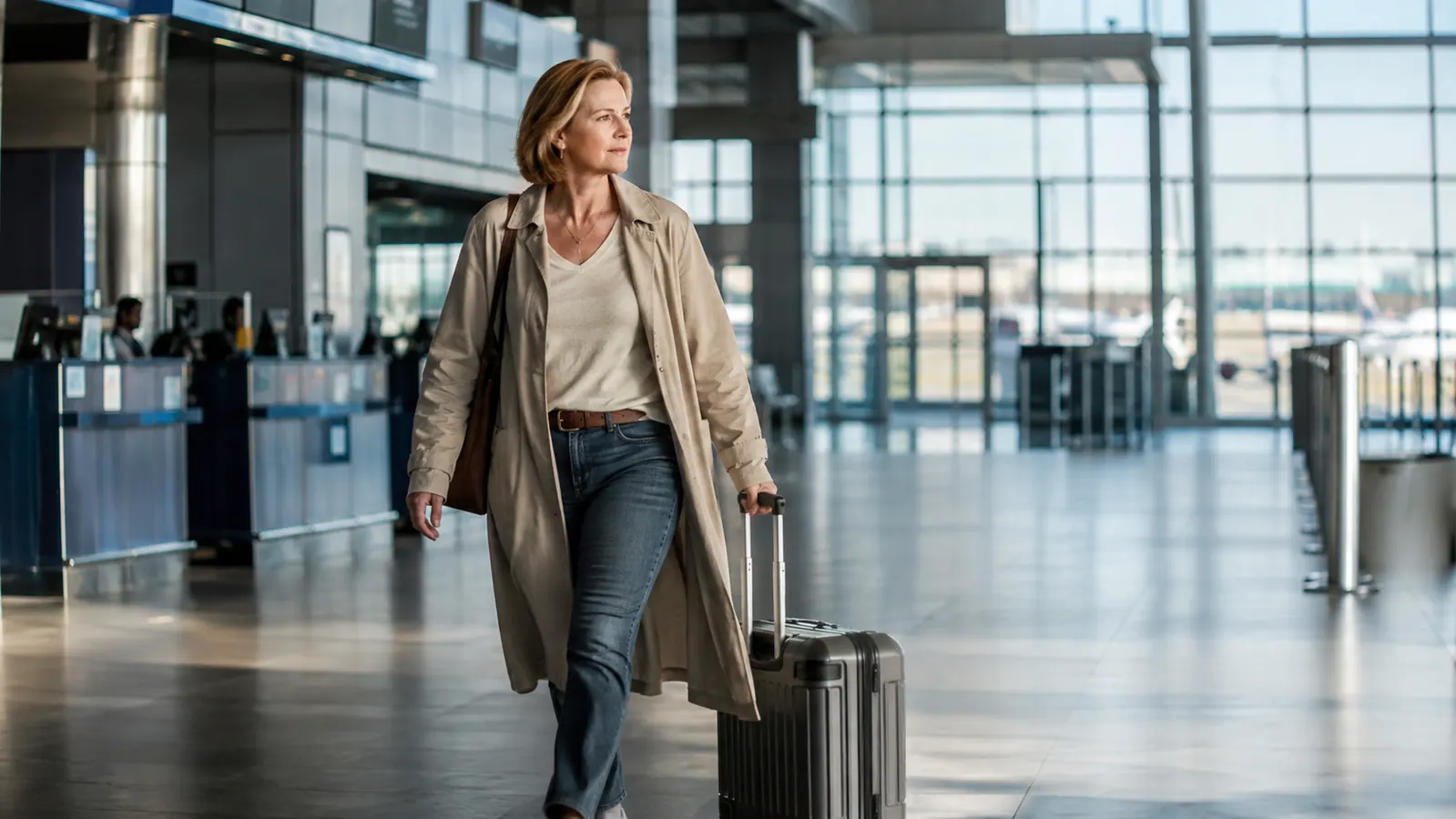 A traveler in her fifties walking away from an airport check-in counter with a suitcase rolling beside her, looking relaxed in soft daylight across the departure floor.