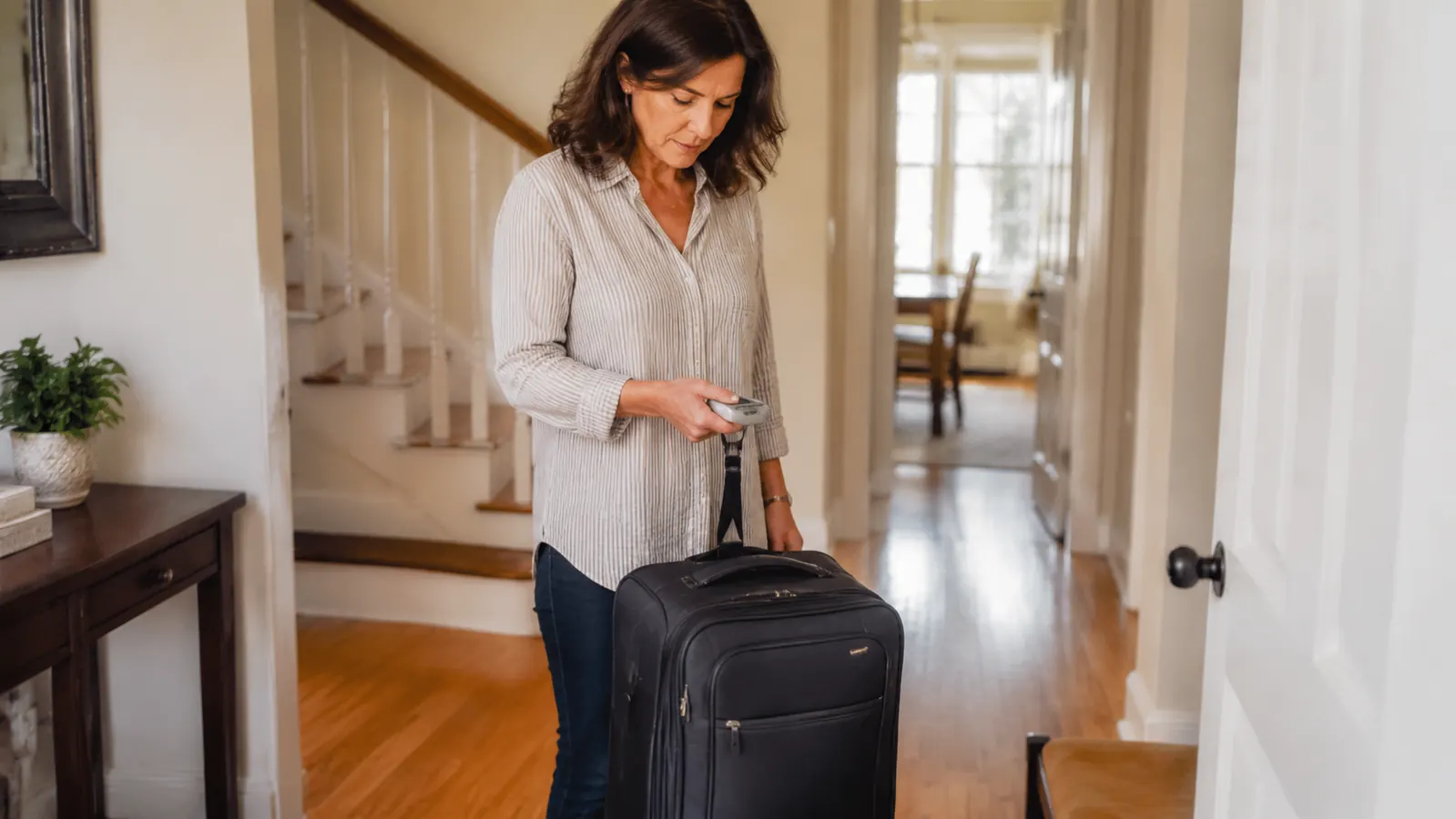 A traveler in her fifties lifting a packed suitcase by the handle with a small digital luggage scale in her other hand, standing in a bright home hallway and checking the reading.