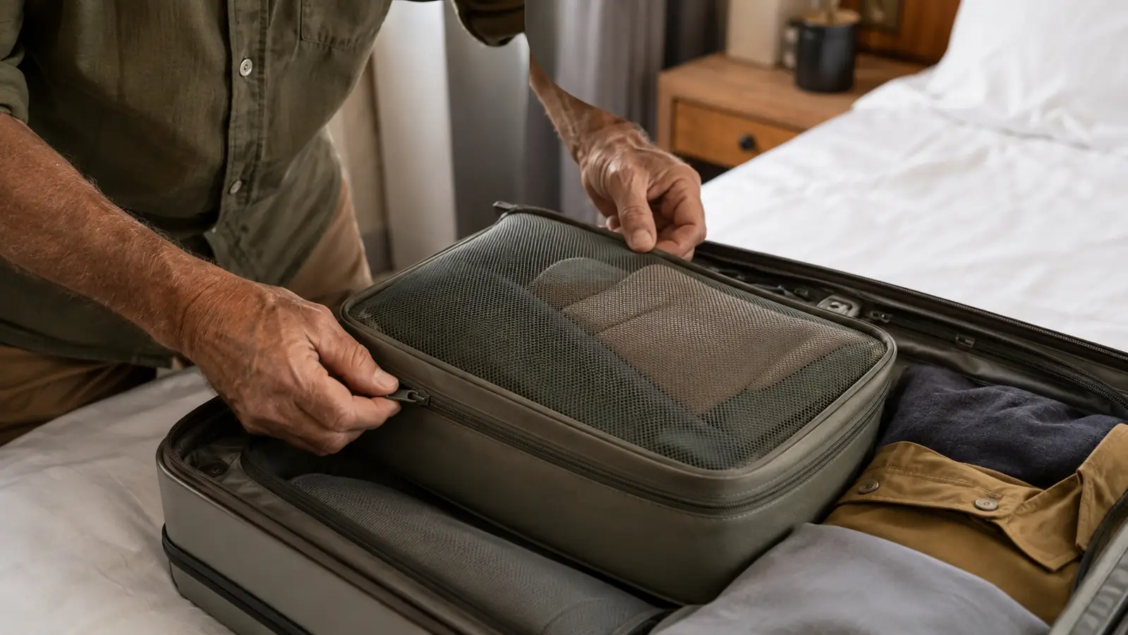 A hand zipping a packing cube closed inside a half-open suitcase on a hotel bed