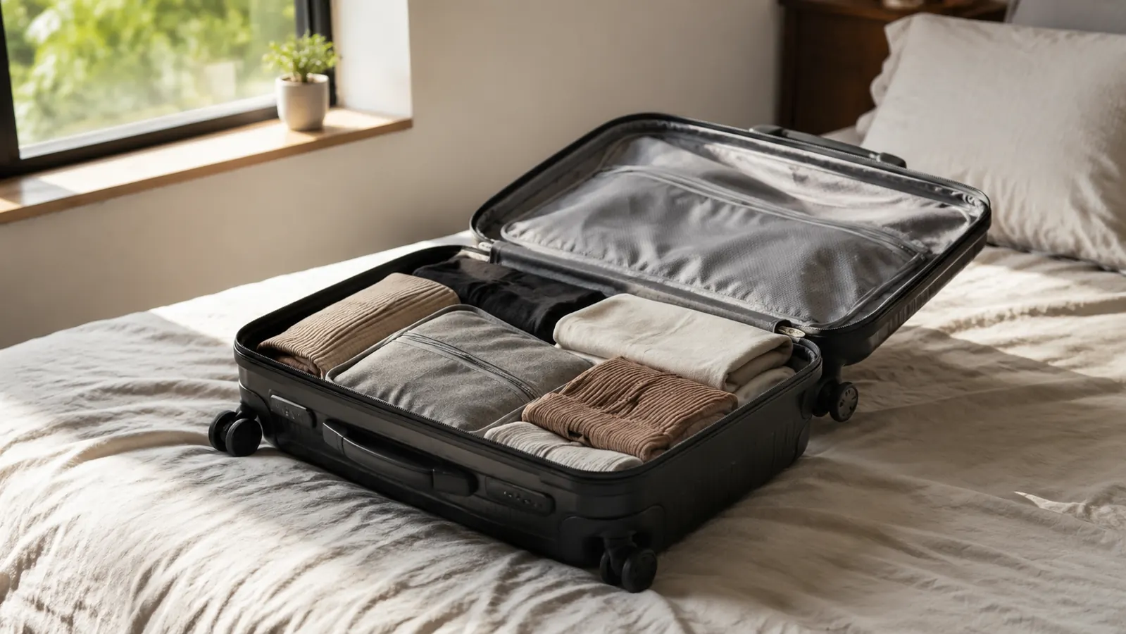 An open carry-on suitcase on a bed with folded clothes sorted into packing cubes, soft morning light