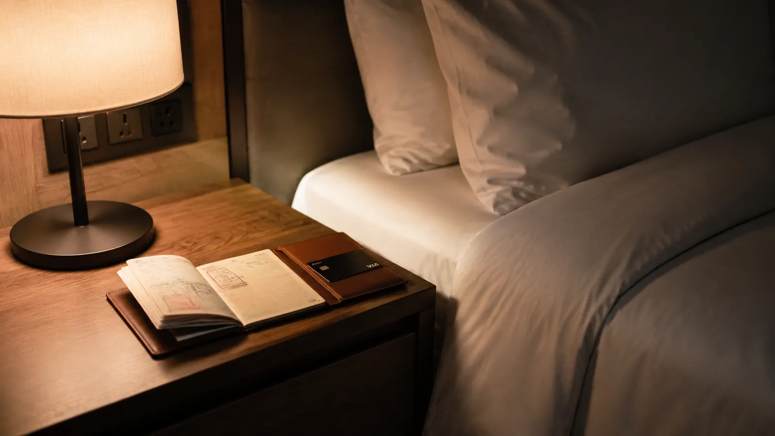 a small open traveler organizer on a hotel bedside table holding a passport and a single credit card, warm lamp light by the bed