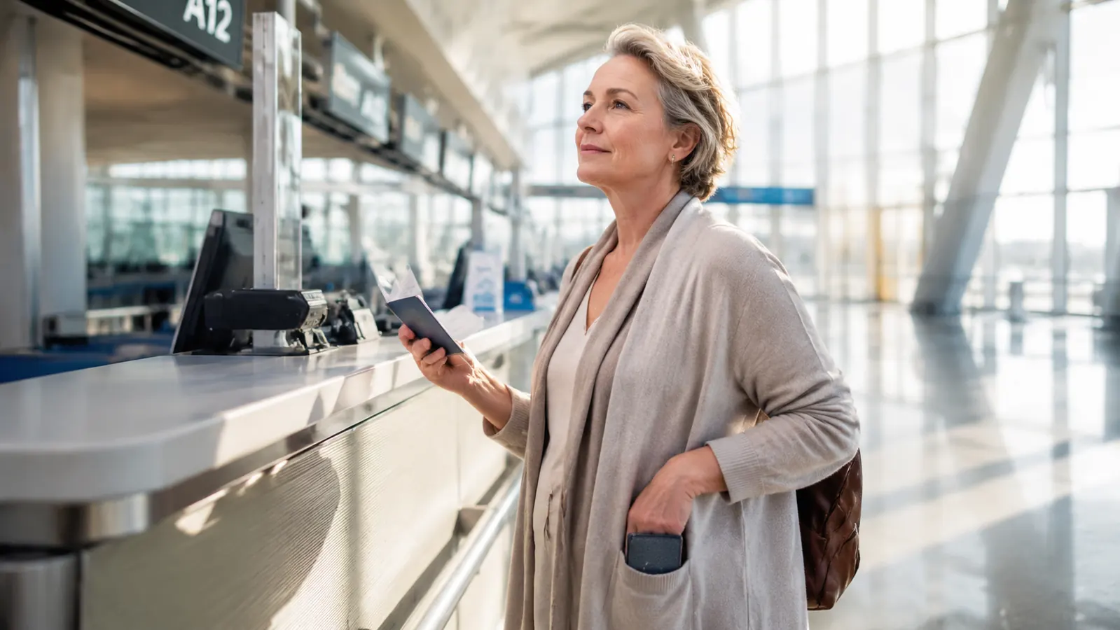 A woman in her fifties standing at an airport check-in desk, passport in one hand and a slim passport holder tucked into the front pocket of her cardigan, soft morning light through the terminal windows