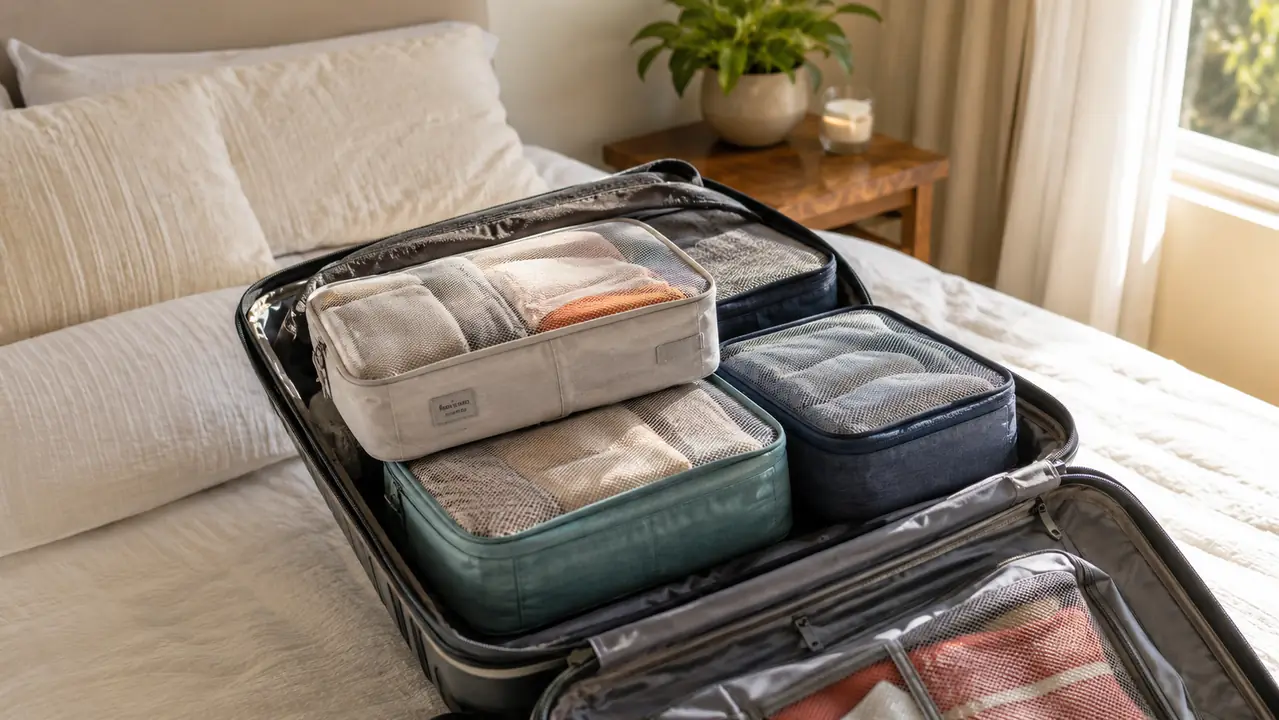 An open carry-on suitcase on a bright bed, several rectangular packing cubes stacked neatly inside with folded clothes visible, soft morning window light