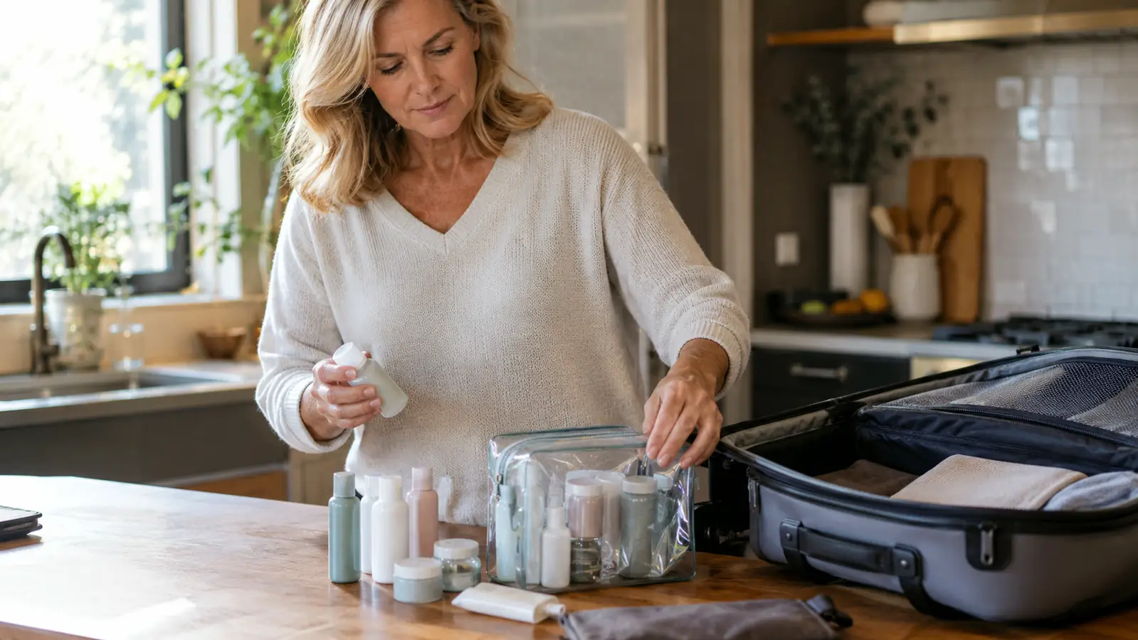 A woman in her fifties at a kitchen counter sorting travel toiletries beside an open carry-on bag, soft morning light from a window