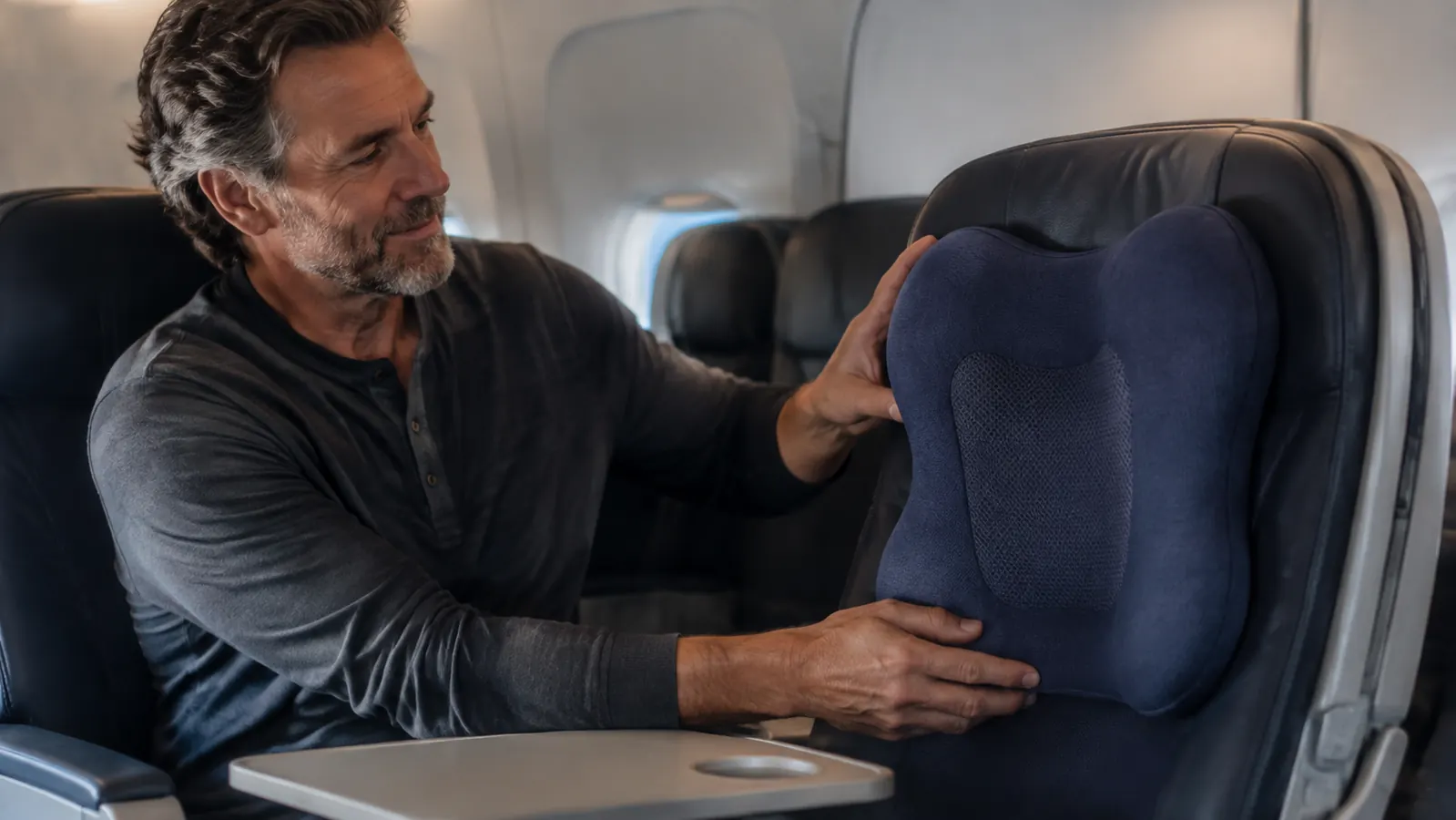 A hand settling the travel pillow onto the seat of an airplane before boarding, the memory foam pillow against the headrest