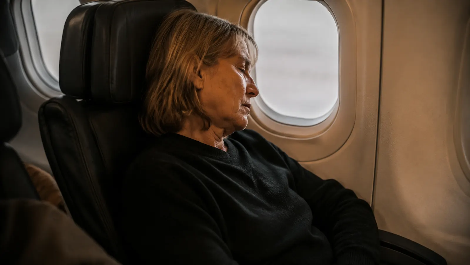 A woman in her late 50s dozing in an airplane window seat at dusk, head resting lightly against the window, soft cabin light, calm and comfortable