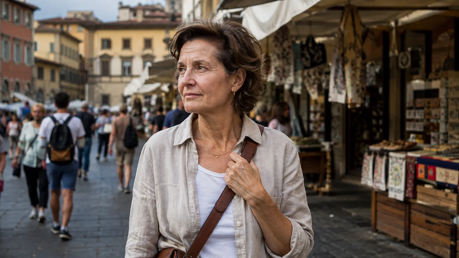 A traveler in her fifties stands in a busy old-town market square in warm afternoon light, one hand resting on her small crossbody strap, other shoppers blurred behind her.