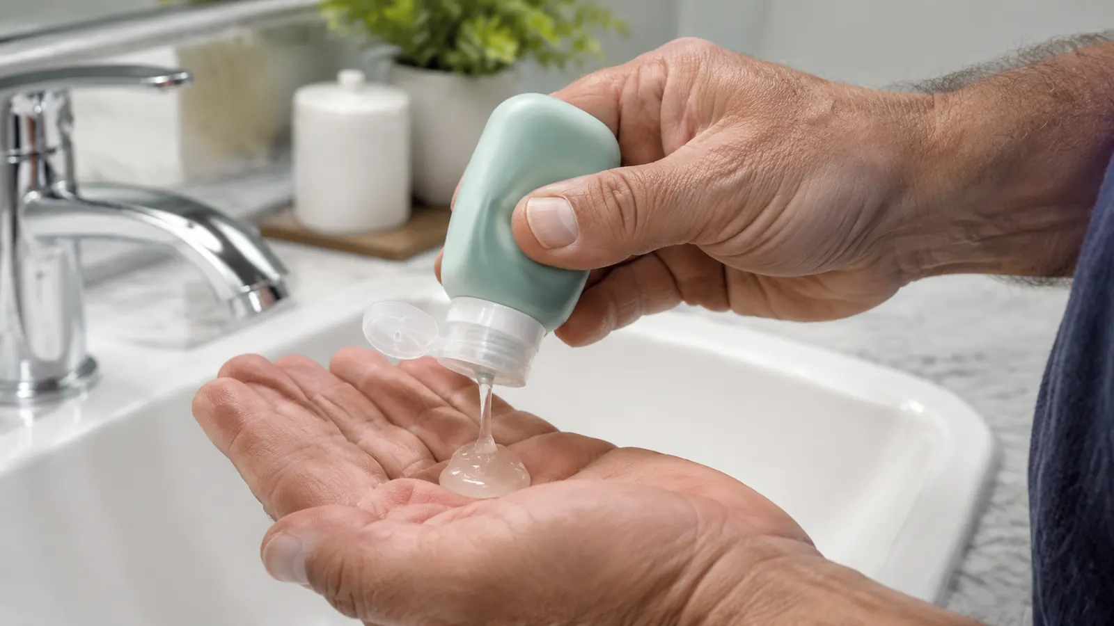 A hand squeezing a small amount of shampoo from a soft silicone travel bottle in a bright bathroom