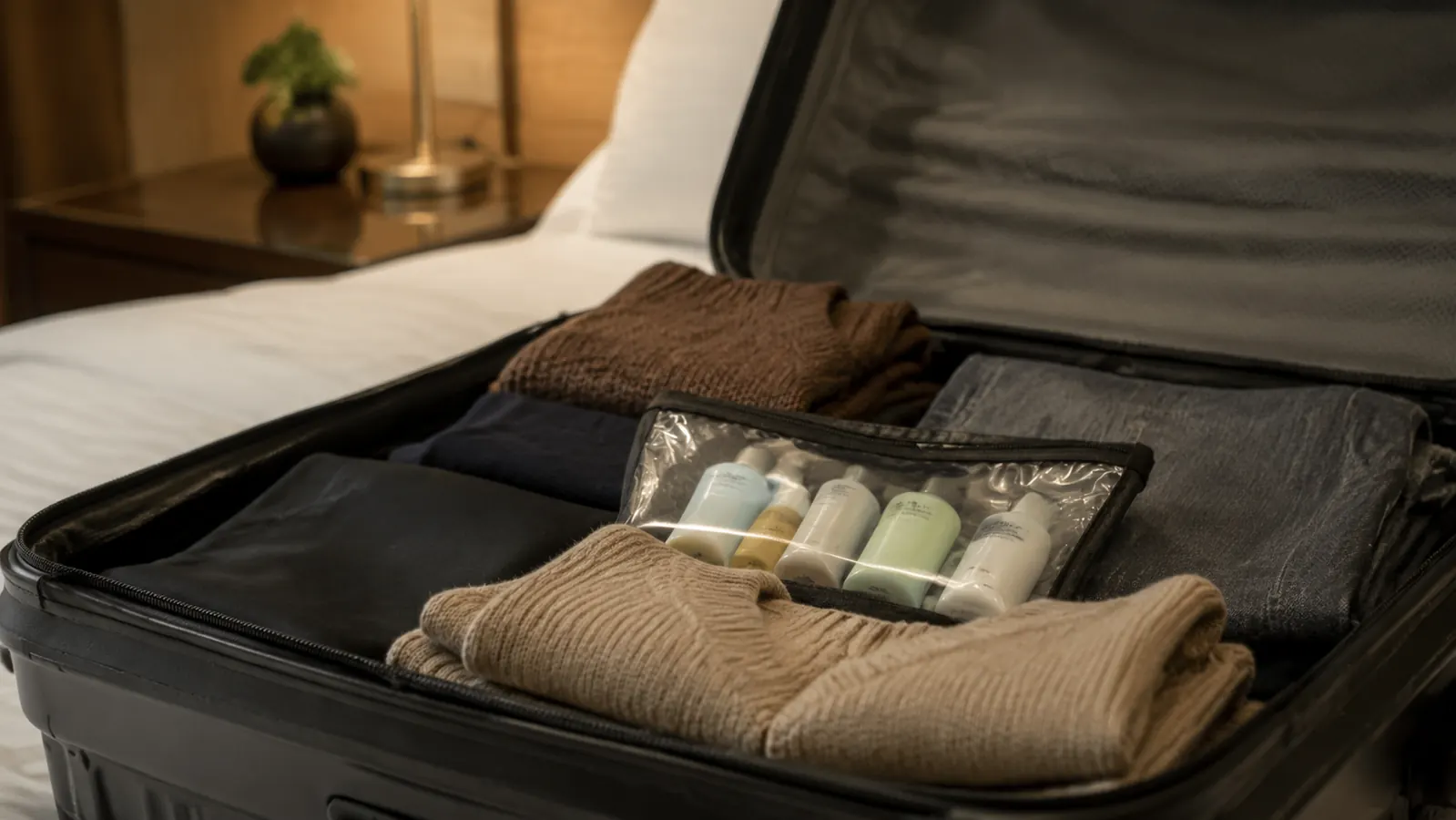 An open suitcase on a hotel bed with a clear toiletry bag of small bottles lying flat on top of folded clothes