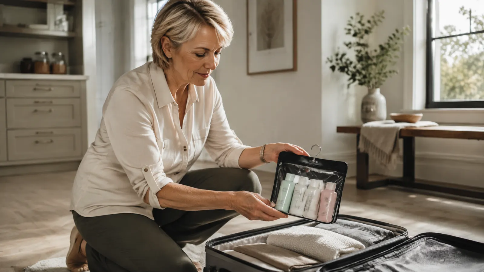 A woman in her fifties kneeling by an open carry-on suitcase at home, packing a clear toiletry pouch, warm morning light