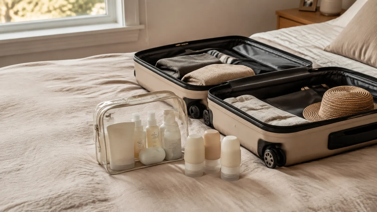 A small carry-on bag open on a guest bed with a clear toiletries pouch and a few small squeeze bottles set out neatly in soft morning light