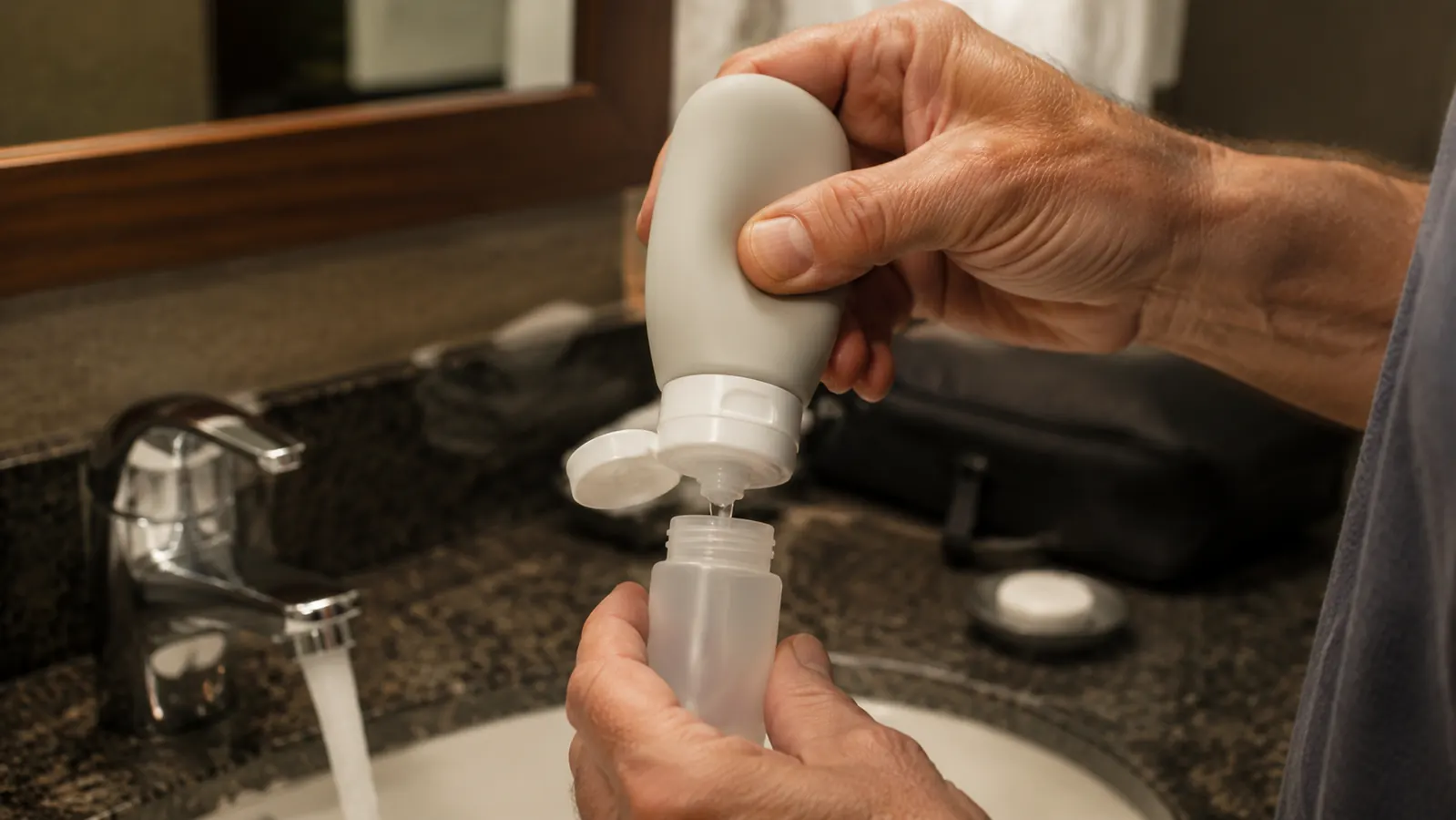 A hand squeezing a small travel squeeze bottle over a sink to fill it with shampoo