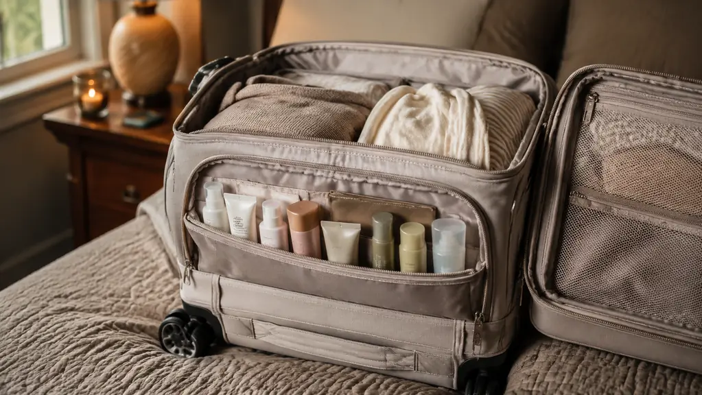 An open carry-on bag with a front pocket holding an assortment of travel squeeze bottles, ready to close
