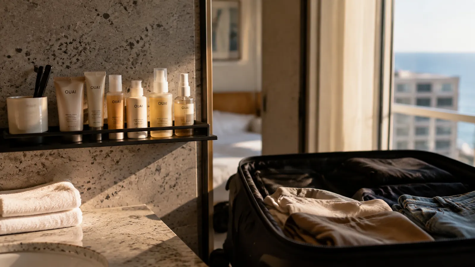 A neat row of travel bottles laid out across a hotel bathroom counter beside a packed carry-on bag, soft morning light