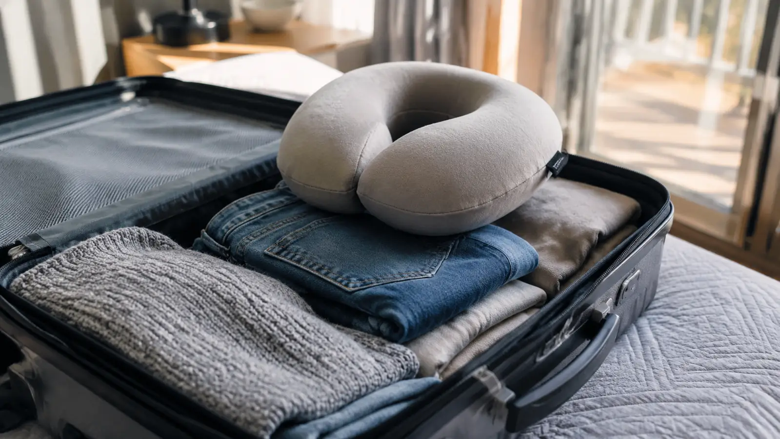 An open carry on with a travel pillow resting on folded clothes on a hotel carpet