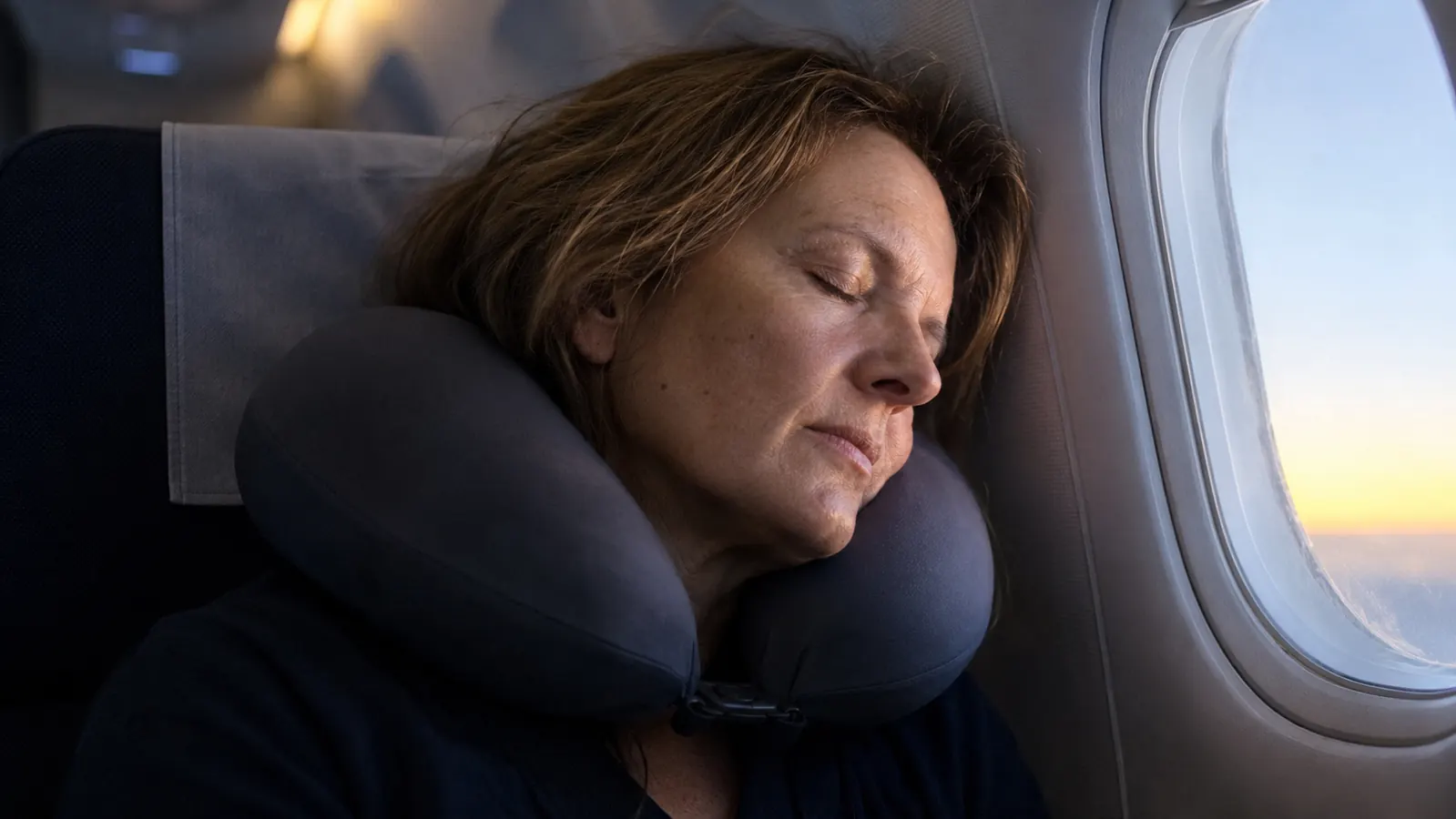 A woman in her fifties dozing at a plane window seat, head against a memory foam travel pillow, soft morning light
