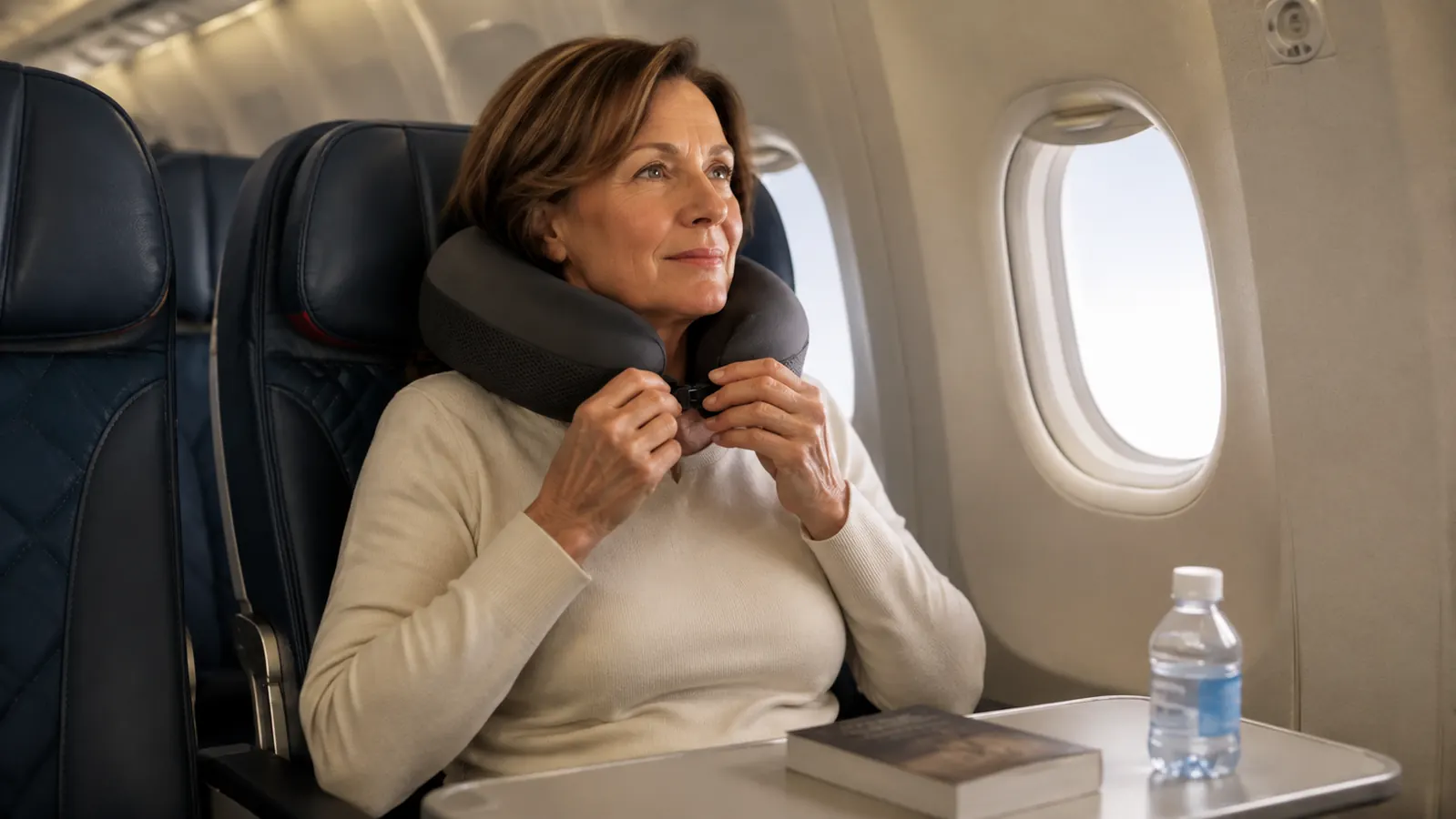 The woman fastening a memory foam travel pillow around her neck in her seat before takeoff