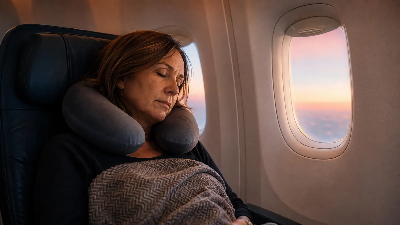 A woman in her fifties asleep against a plane window with a memory foam neck pillow around her neck