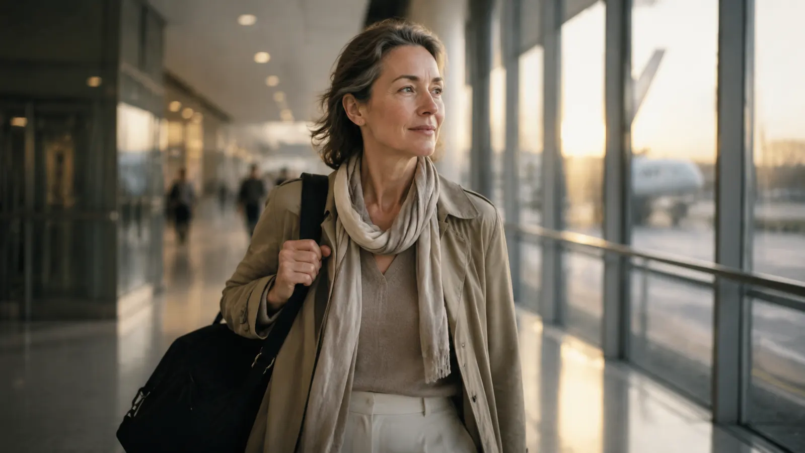 A traveler stepping off a flight at dawn with a packed carry-on, looking rested