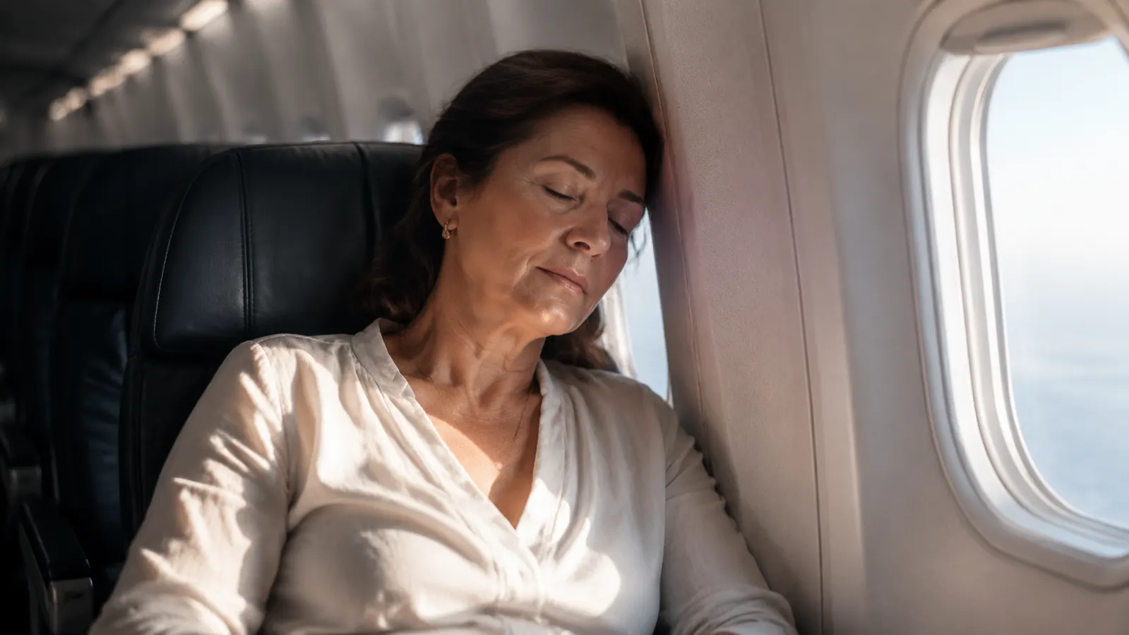 A traveler in her fifties resting against the window seat of a quiet plane, soft morning light