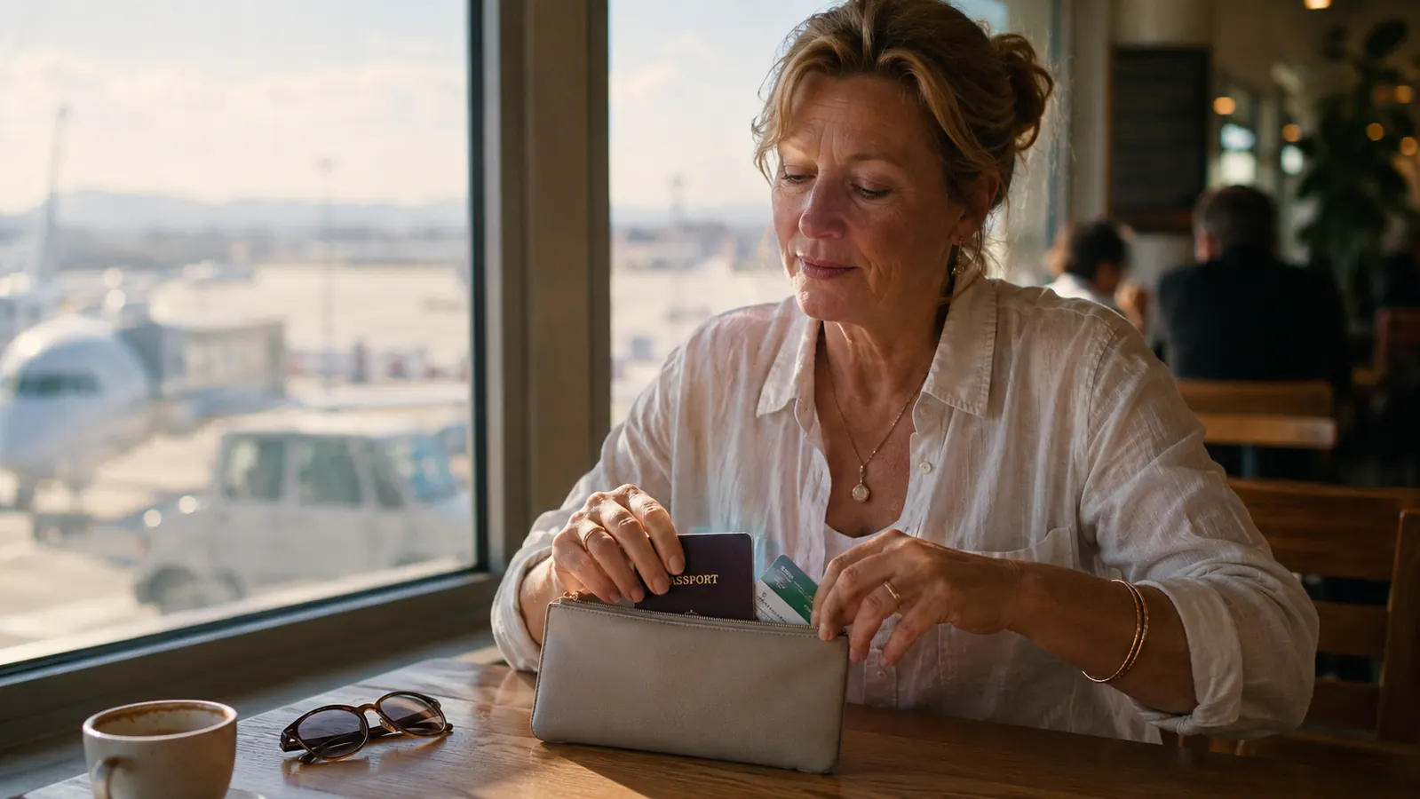 A woman in her fifties sorting a passport and travel cards at a sunlit airport cafe table before a long-haul flight
